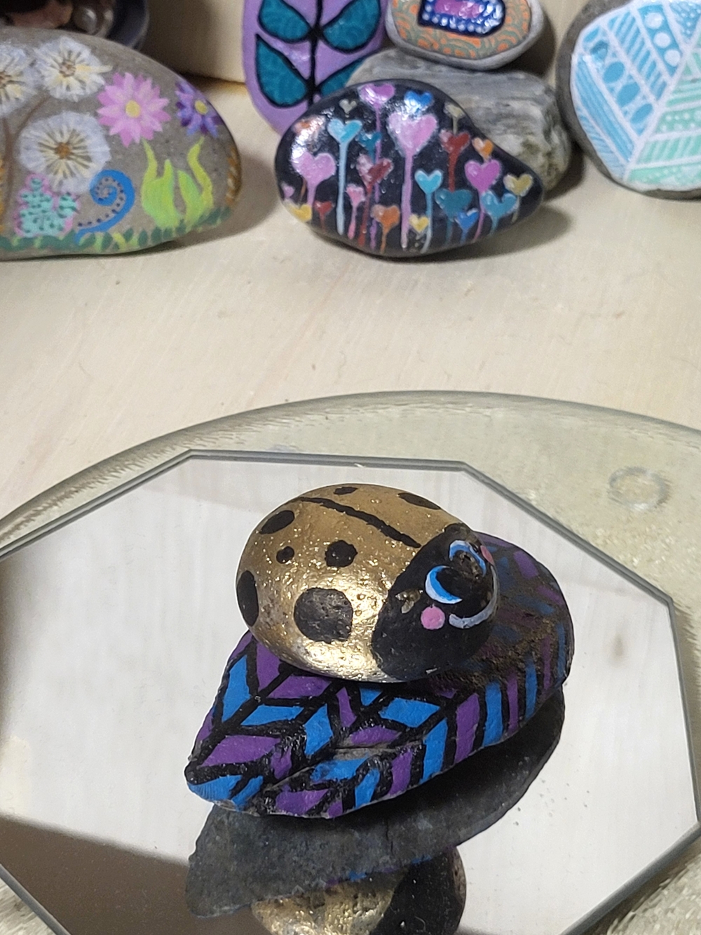 Hand-Painted Blue and Gold Decorative Ladybug Stone Set - Home Accents - Picture 9 of 10